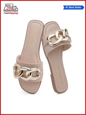 ✨ Shoe Land Women's Dressy Flat Sandals with Metal Chain, Square Open Toe,